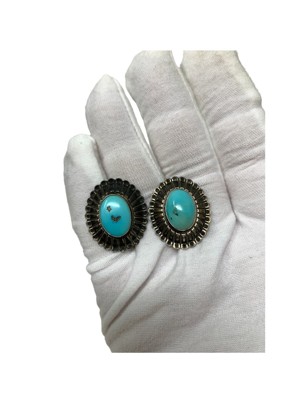 Vintage Richard Begay Sterling Silver Turquoise Earring Studs Oval Stamped RB